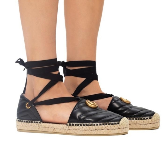Gucci Espadrilles Flat Marmont Tie Up Ribbon Black Leather Authentic - Picture 15 of 16